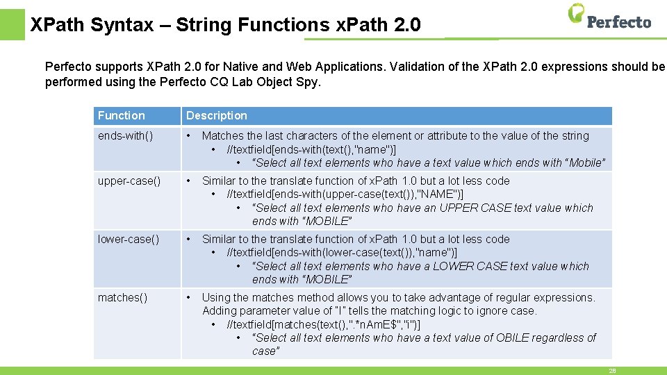 XPath Syntax – String Functions x. Path 2. 0 Perfecto supports XPath 2. 0