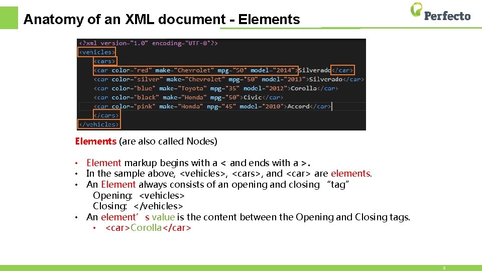 Anatomy of an XML document - Elements (are also called Nodes) • Element markup