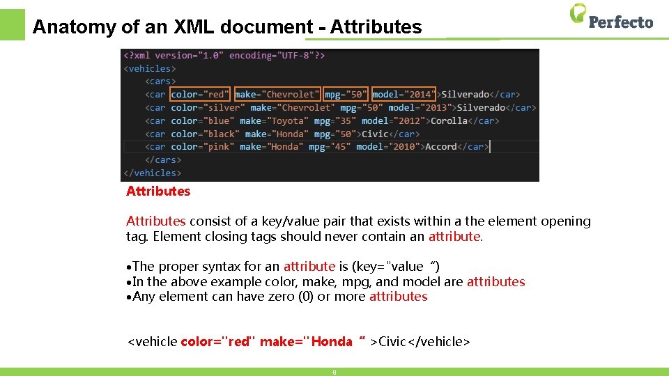 Anatomy of an XML document - Attributes consist of a key/value pair that exists