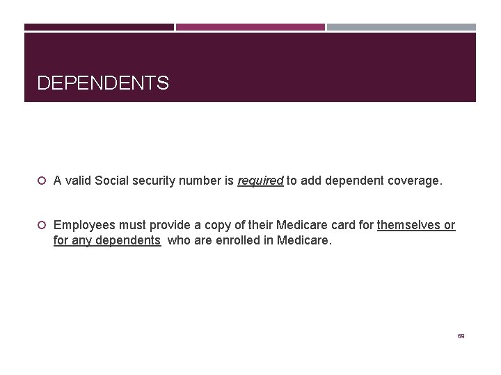 DEPENDENTS A valid Social security number is required to add dependent coverage. Employees must