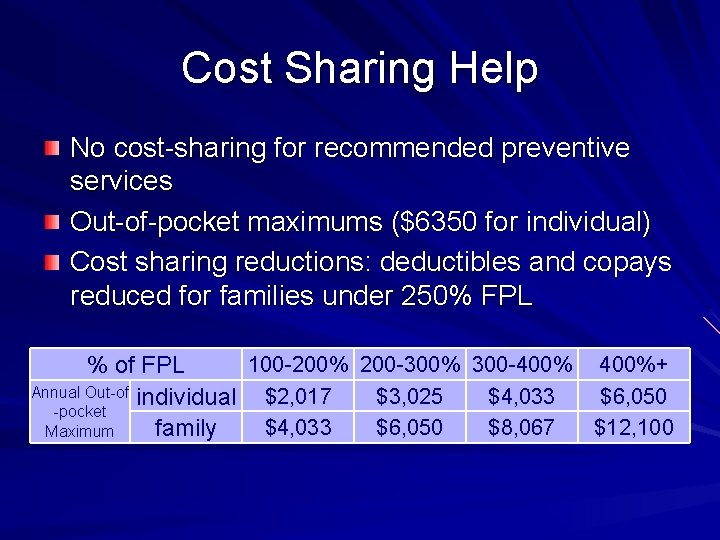 Cost Sharing Help No cost-sharing for recommended preventive services Out-of-pocket maximums ($6350 for individual)