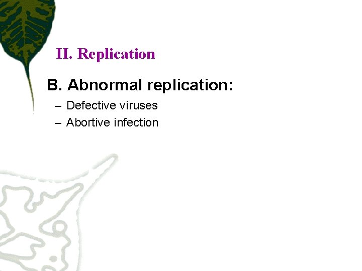 II. Replication B. Abnormal replication: – Defective viruses – Abortive infection 