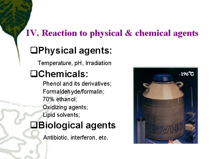 IV. Reaction to physical & chemical agents q. Physical agents: Temperature, p. H, Irradiation