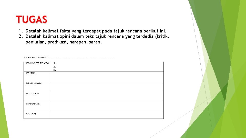 TUGAS 1. Datalah kalimat fakta yang terdapat pada tajuk rencana berikut ini. 2. Datalah