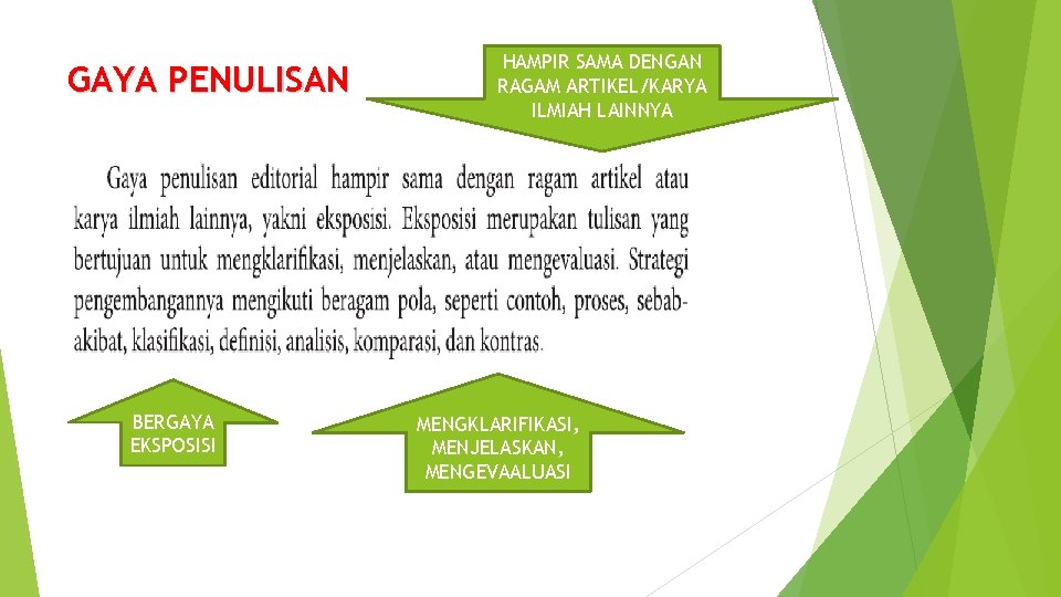 GAYA PENULISAN BERGAYA EKSPOSISI HAMPIR SAMA DENGAN RAGAM ARTIKEL/KARYA ILMIAH LAINNYA MENGKLARIFIKASI, MENJELASKAN, MENGEVAALUASI