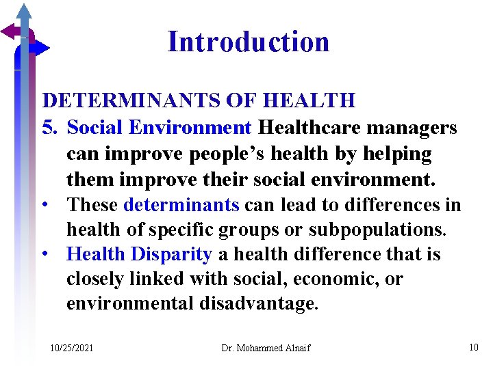 Introduction DETERMINANTS OF HEALTH 5. Social Environment Healthcare managers can improve people’s health by