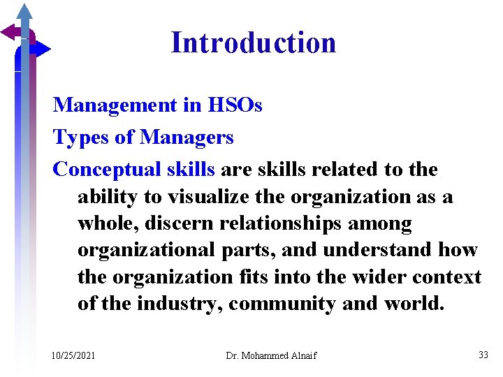 Introduction Management in HSOs Types of Managers Conceptual skills are skills related to the