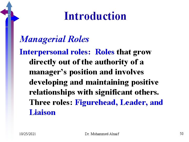 Introduction Managerial Roles Interpersonal roles: Roles that grow directly out of the authority of