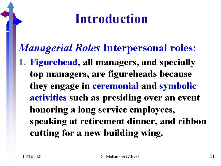 Introduction Managerial Roles Interpersonal roles: 1. Figurehead, all managers, and specially top managers, are