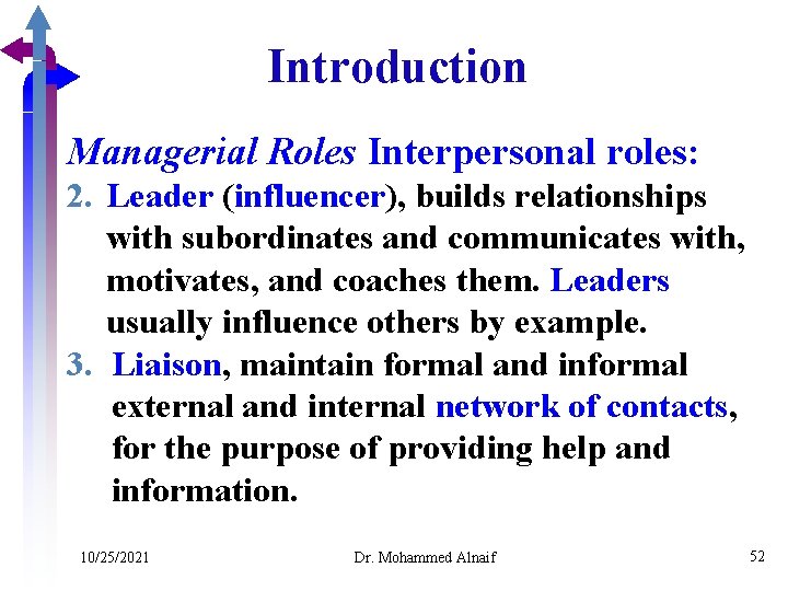 Introduction Managerial Roles Interpersonal roles: 2. Leader (influencer), builds relationships with subordinates and communicates