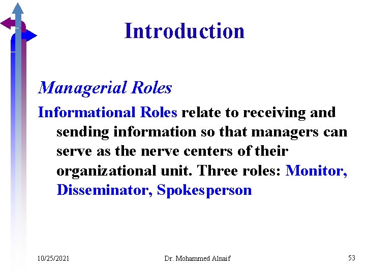 Introduction Managerial Roles Informational Roles relate to receiving and sending information so that managers