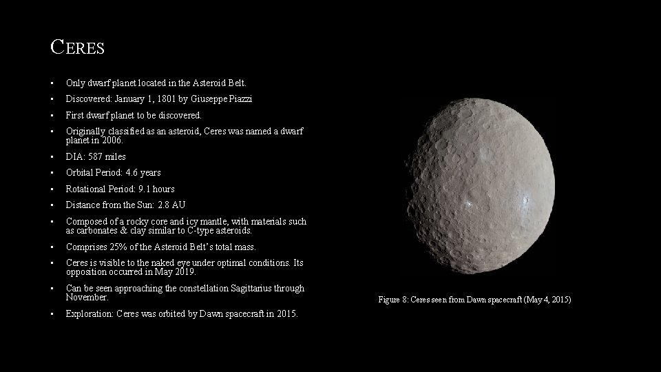 CERES • Only dwarf planet located in the Asteroid Belt. • Discovered: January 1,