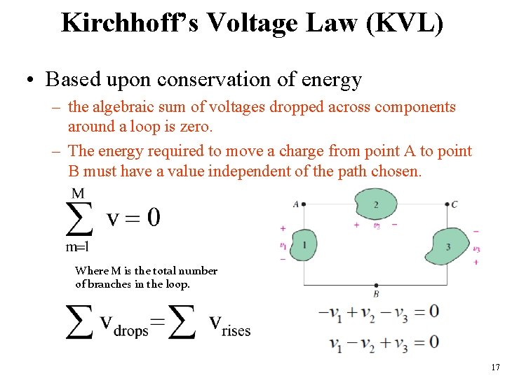 Kirchhoff’s Voltage Law (KVL) • Based upon conservation of energy – the algebraic sum