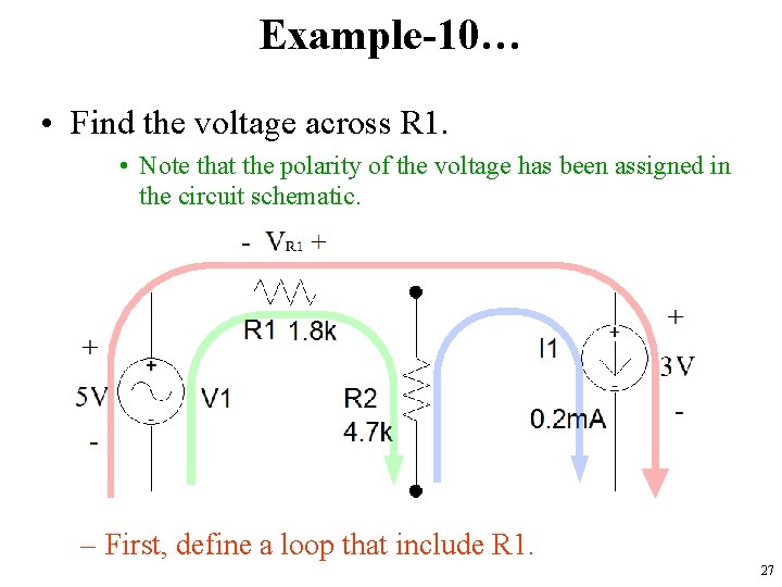 Example-10… • Find the voltage across R 1. • Note that the polarity of