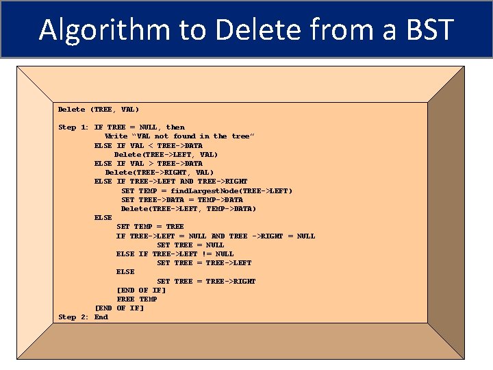 Algorithm to Delete from a BST Delete (TREE, VAL) Step 1: IF TREE =