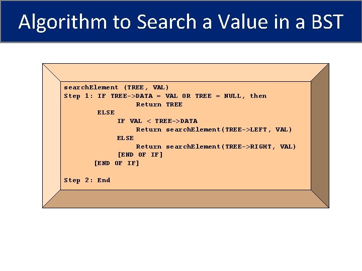 Algorithm to Search a Value in a BST search. Element (TREE, VAL) Step 1: