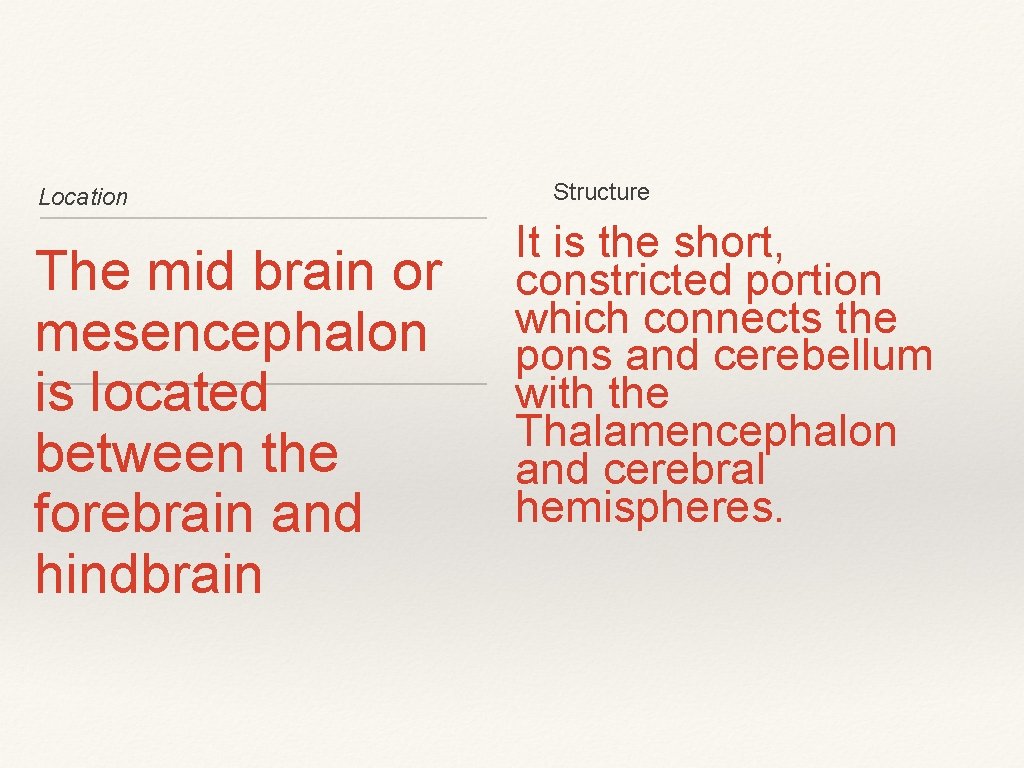 Location The mid brain or mesencephalon is located between the forebrain and hindbrain Structure Location The mid brain or mesencephalon is located between the forebrain and hindbrain Structure