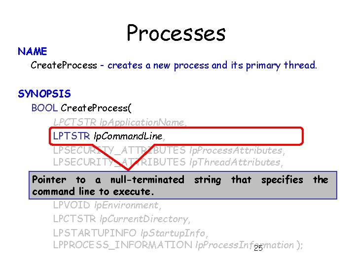 Processes NAME Create. Process - creates a new process and its primary thread. SYNOPSIS