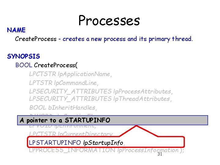 Processes NAME Create. Process - creates a new process and its primary thread. SYNOPSIS