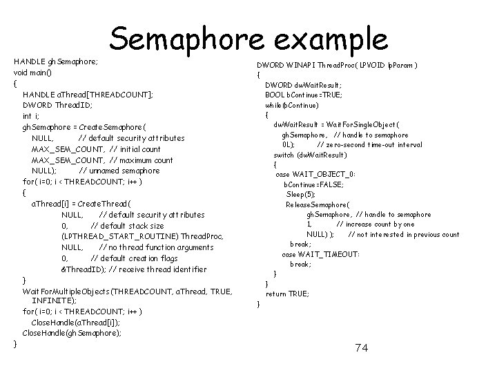 Semaphore example HANDLE gh. Semaphore; void main() { HANDLE a. Thread[THREADCOUNT]; DWORD Thread. ID;