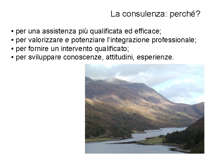 La consulenza: perché? • per una assistenza più qualificata ed efficace; • per valorizzare