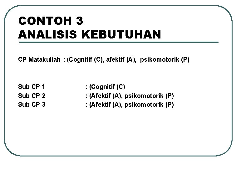 CONTOH 3 ANALISIS KEBUTUHAN CP Matakuliah : (Cognitif (C), afektif (A), psikomotorik (P) Sub