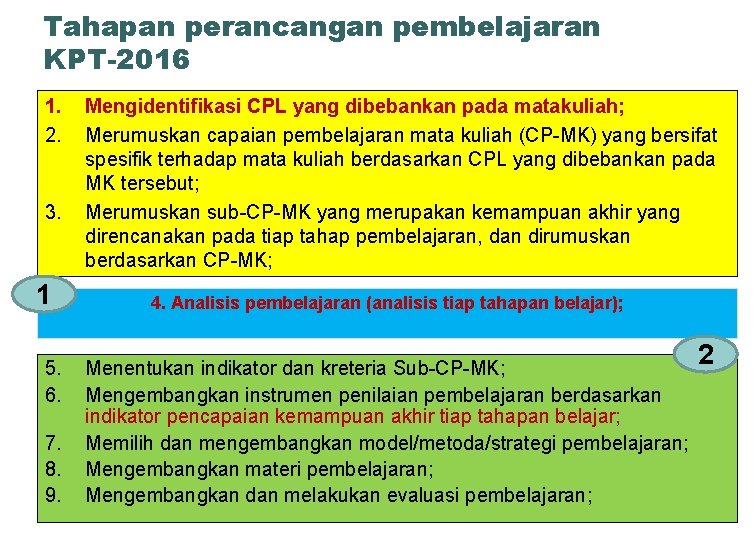 Tahapan perancangan pembelajaran KPT-2016 1. 2. 3. 1 5. 6. 7. 8. 9. Mengidentifikasi