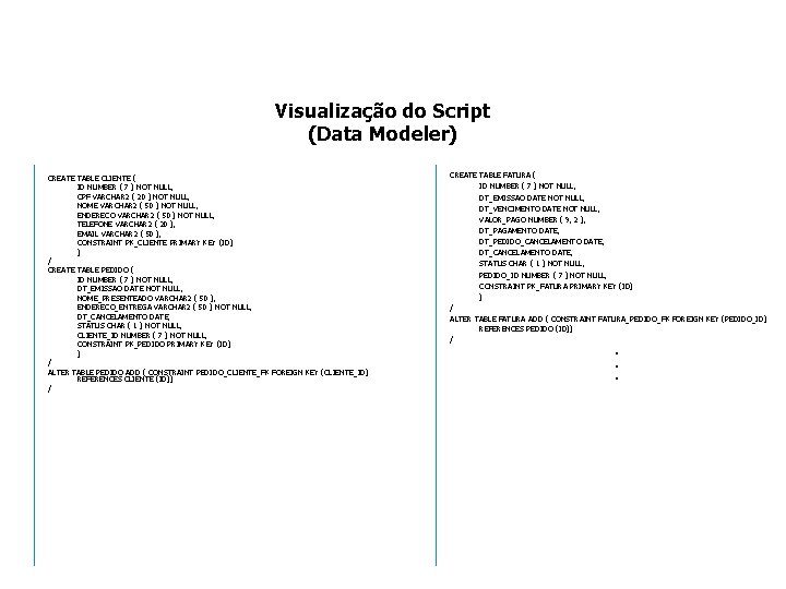 Visualização do Script (Data Modeler) CREATE TABLE CLIENTE ( ID NUMBER ( 7 )