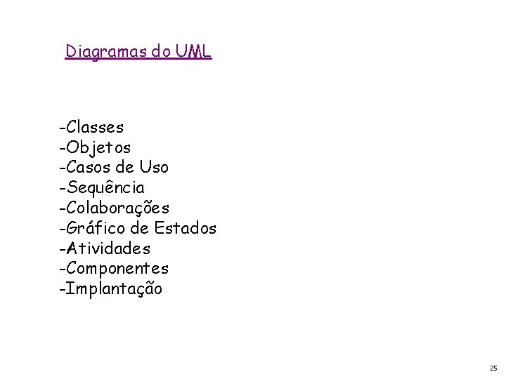 Diagramas do UML -Classes -Objetos -Casos de Uso -Sequência -Colaborações -Gráfico de Estados -Atividades