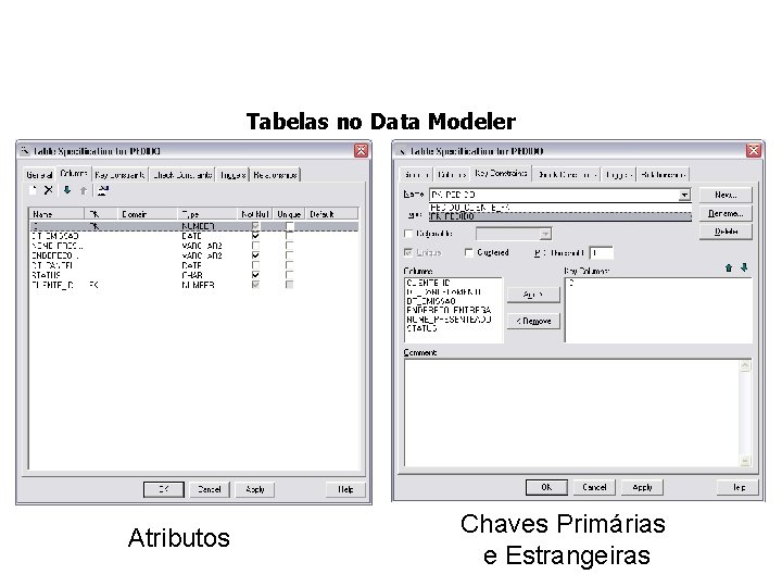Tabelas no Data Modeler Atributos Chaves Primárias e Estrangeiras 