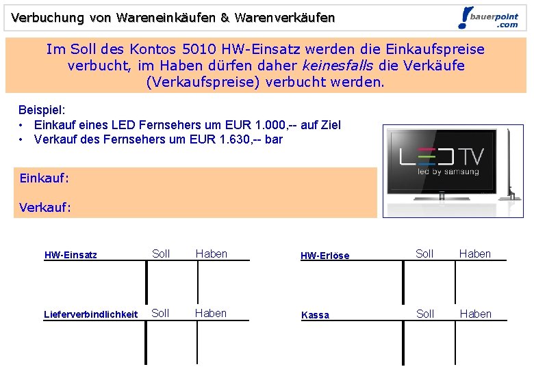 Verbuchung von Wareneinkäufen & Warenverkäufen Im Soll des Kontos 5010 HW-Einsatz werden die Einkaufspreise