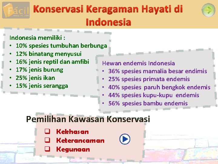 Konservasi Keragaman Hayati di Indonesia memiliki : • 10% spesies tumbuhan berbunga • 12%