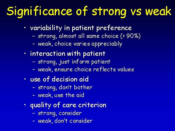 Significance of strong vs weak • variability in patient preference – strong, almost all