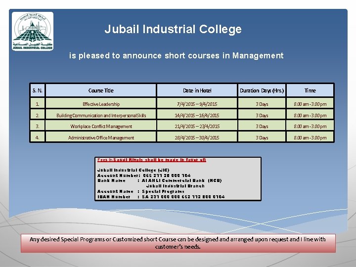 Jubail Industrial College is pleased to announce short courses in Management S. N. Course