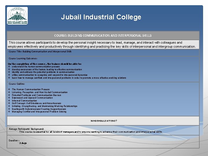 Jubail Industrial College COURSE: BUILDING COMMUNICATION AND INTERPERSONAL SKILLS This course allows participants to