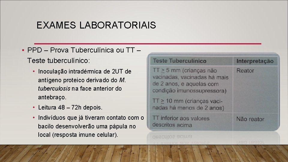 EXAMES LABORATORIAIS • PPD – Prova Tuberculínica ou TT – Teste tuberculínico: • Inoculação