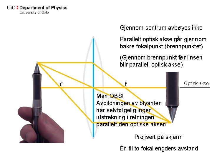 Gjennom sentrum avbøyes ikke Parallelt optisk akse går gjennom bakre fokalpunkt (brennpunktet) (Gjennom brennpunkt