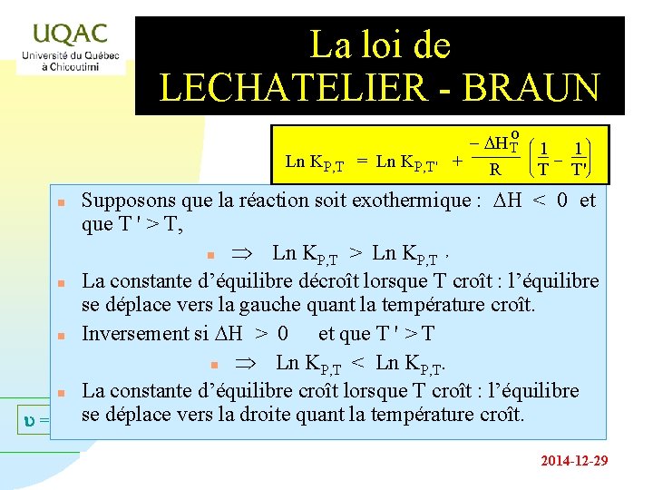 La loi de LECHATELIER - BRAUN Ln KP, T = Ln KP, T' o