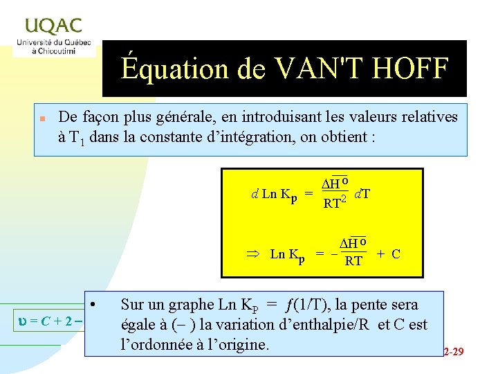 Équation de VAN'T HOFF n De façon plus générale, en introduisant les valeurs relatives