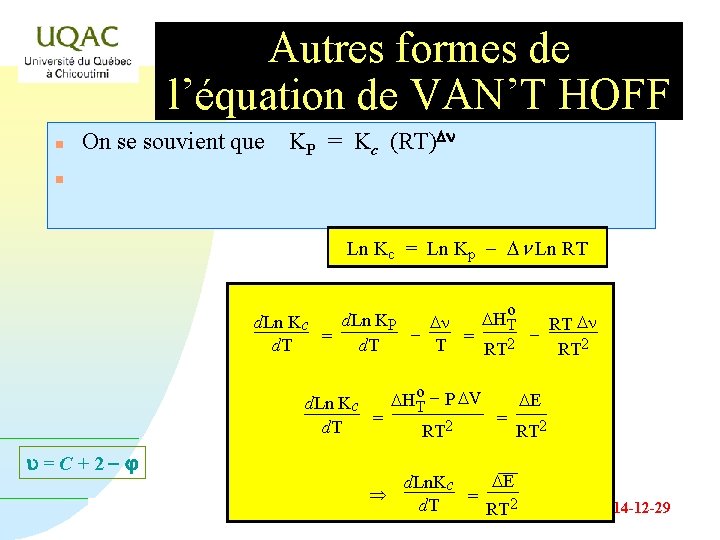 Autres formes de l’équation de VAN’T HOFF n On se souvient que KP =