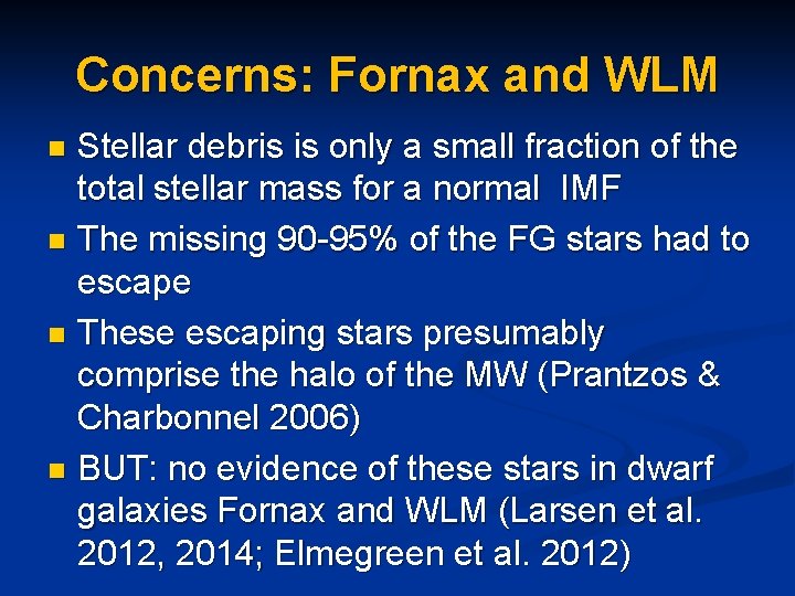 Concerns: Fornax and WLM Stellar debris is only a small fraction of the total