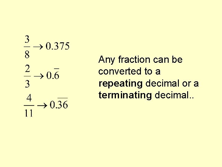 Any fraction can be converted to a repeating decimal or a terminating decimal. .