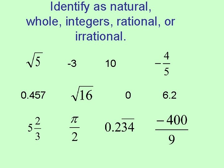Identify as natural, whole, integers, rational, or irrational. -3 0. 457 10 0 6.