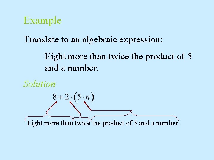 Example Translate to an algebraic expression: Eight more than twice the product of 5
