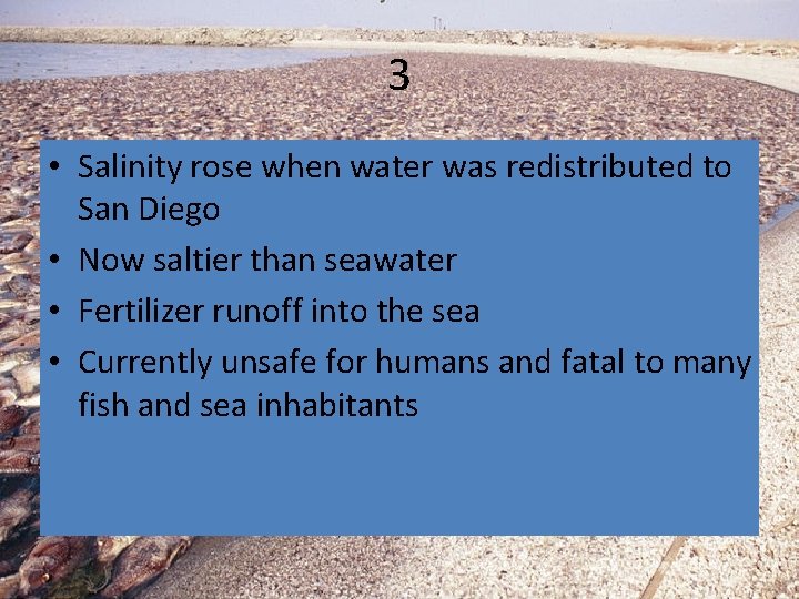 3 • Salinity rose when water was redistributed to San Diego • Now saltier
