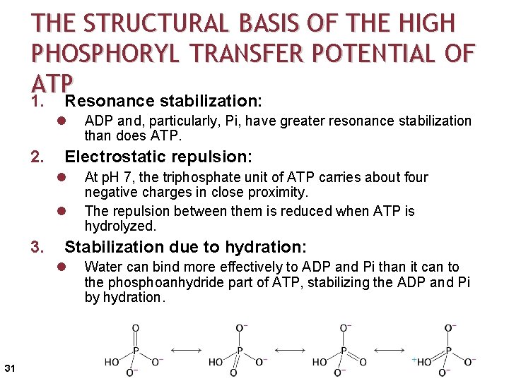 THE STRUCTURAL BASIS OF THE HIGH PHOSPHORYL TRANSFER POTENTIAL OF ATP 1. Resonance stabilization: