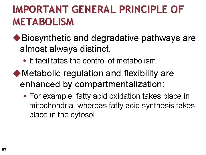 IMPORTANT GENERAL PRINCIPLE OF METABOLISM u. Biosynthetic and degradative pathways are almost always distinct.