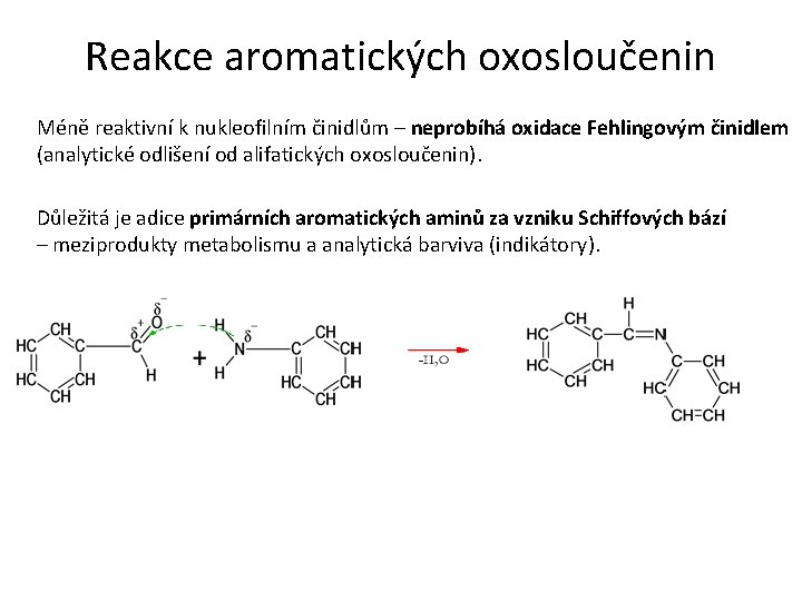 Reakce aromatických oxosloučenin Méně reaktivní k nukleofilním činidlům – neprobíhá oxidace Fehlingovým činidlem (analytické