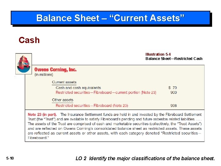 Balance Sheet – “Current Assets” Cash Illustration 5 -4 Balance Sheet—Restricted Cash 5 -10