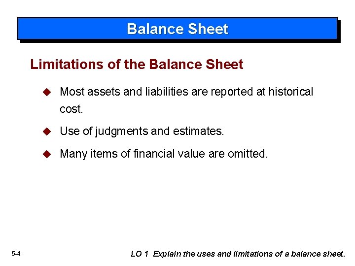 Balance Sheet Limitations of the Balance Sheet 5 -4 u Most assets and liabilities